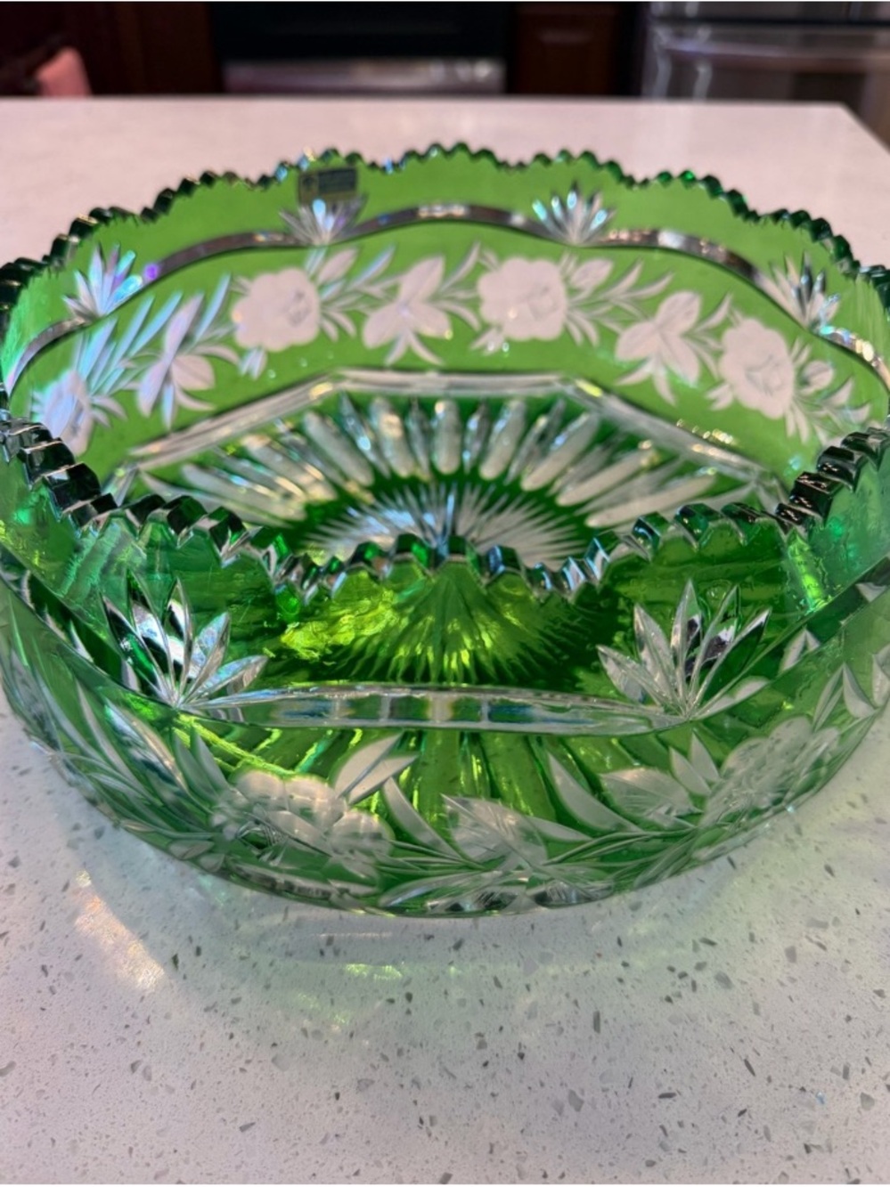 Victorian-Style Green Etched Glass Decorative Bowl